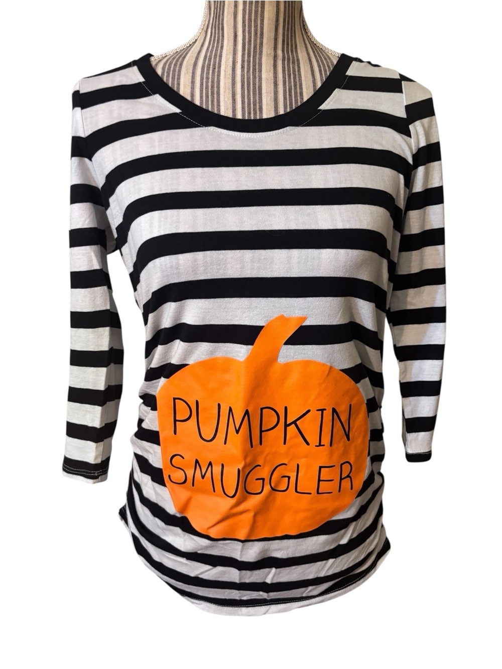 Motherhood Top Maternity Small Black & White Striped “Pumpkin Smuggler” Orange